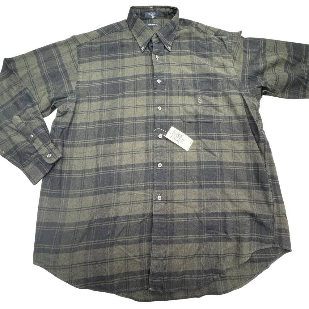 Nautica Shirt Mens XL Gray Green Plaid Button Down 100% Cotton Flannel Pocket